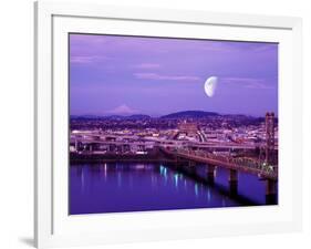 Moon Over the City with Mt Hood in the Background, Portland, Oregon, USA-Janis Miglavs-Framed Photographic Print