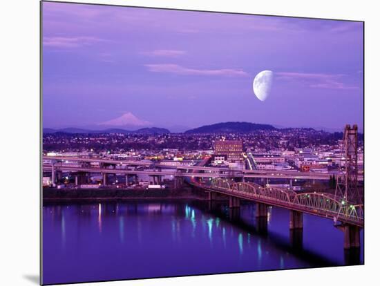 Moon Over the City with Mt Hood in the Background, Portland, Oregon, USA-Janis Miglavs-Mounted Photographic Print