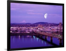 Moon Over the City with Mt Hood in the Background, Portland, Oregon, USA-Janis Miglavs-Framed Photographic Print