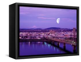 Moon Over the City with Mt Hood in the Background, Portland, Oregon, USA-Janis Miglavs-Framed Stretched Canvas