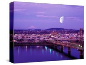 Moon Over the City with Mt Hood in the Background, Portland, Oregon, USA-Janis Miglavs-Stretched Canvas