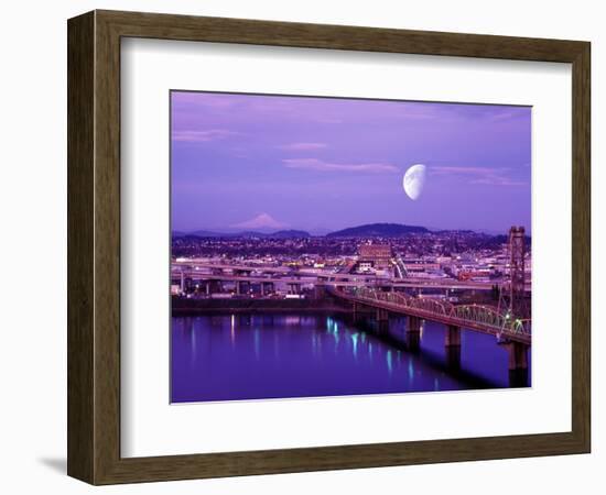 Moon Over the City with Mt Hood in the Background, Portland, Oregon, USA-Janis Miglavs-Framed Photographic Print