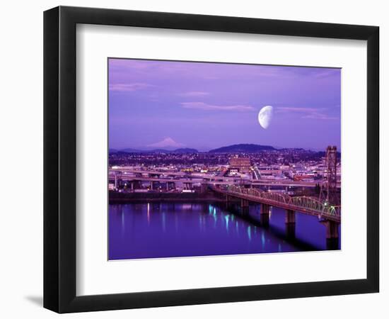 Moon Over the City with Mt Hood in the Background, Portland, Oregon, USA-Janis Miglavs-Framed Photographic Print
