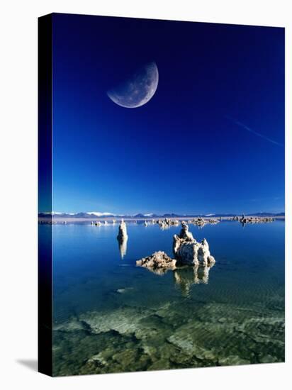 Moon Over Tufa Formations, Mono Lake Tufa State Reserve, Mono Lake, U.S.A.-Mark Newman-Stretched Canvas