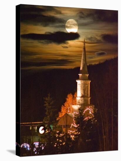 Moon Rises over a Church in Eagle River, Alaska-null-Stretched Canvas