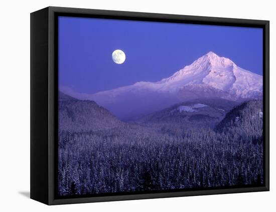 Moon Rises Over Mt. Hood, Oregon Cascades, USA-Janis Miglavs-Framed Stretched Canvas