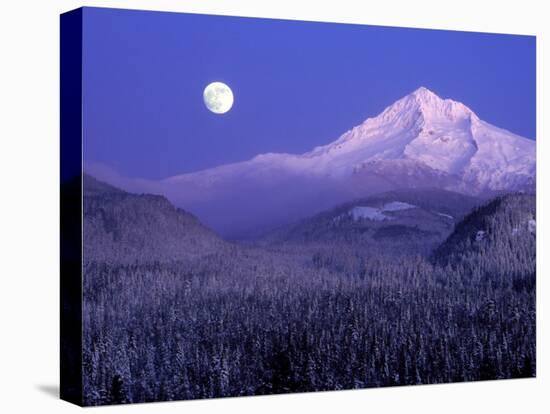 Moon Rises Over Mt. Hood, Oregon Cascades, USA-Janis Miglavs-Stretched Canvas