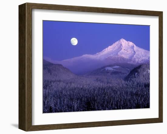 Moon Rises Over Mt. Hood, Oregon Cascades, USA-Janis Miglavs-Framed Premium Photographic Print