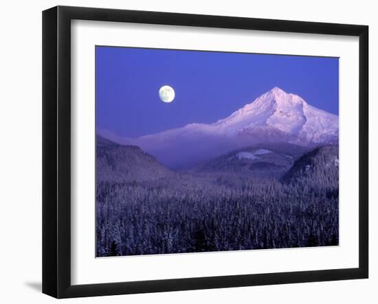 Moon Rises Over Mt. Hood, Oregon Cascades, USA-Janis Miglavs-Framed Premium Photographic Print