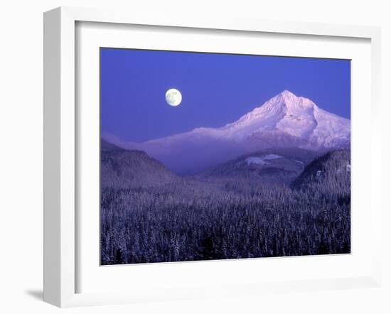 Moon Rises Over Mt. Hood, Oregon Cascades, USA-Janis Miglavs-Framed Premium Photographic Print