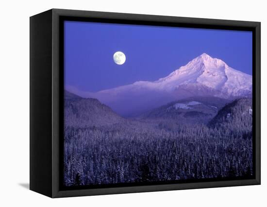 Moon Rises Over Mt. Hood, Oregon Cascades, USA-Janis Miglavs-Framed Stretched Canvas