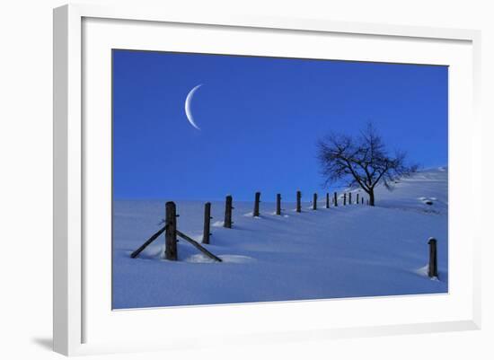 Moon Rising over a Snowy Landscape with a Single Tree and a Fenc-Sabine Jacobs-Framed Photographic Print