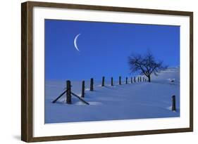 Moon Rising over a Snowy Landscape with a Single Tree and a Fenc-Sabine Jacobs-Framed Photographic Print