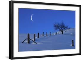 Moon Rising over a Snowy Landscape with a Single Tree and a Fenc-Sabine Jacobs-Framed Photographic Print