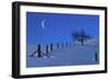 Moon Rising over a Snowy Landscape with a Single Tree and a Fenc-Sabine Jacobs-Framed Photographic Print