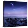 Moon Rising over Rocky Seaside Against Starry Sky-null-Stretched Canvas