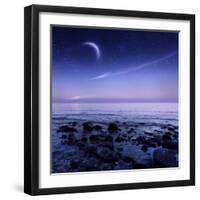 Moon Rising over Rocky Seaside Against Starry Sky-null-Framed Photographic Print