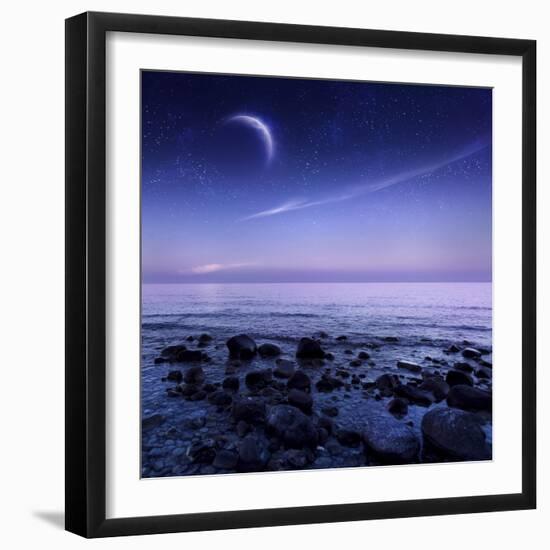 Moon Rising over Rocky Seaside Against Starry Sky-null-Framed Photographic Print