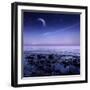 Moon Rising over Rocky Seaside Against Starry Sky-null-Framed Photographic Print