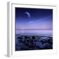 Moon Rising over Rocky Seaside Against Starry Sky-null-Framed Photographic Print