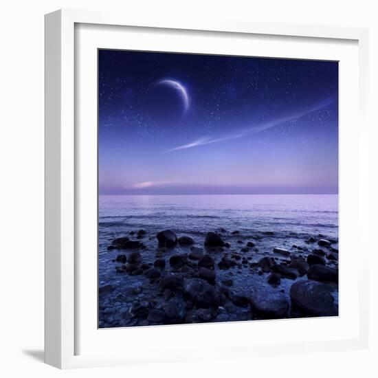 Moon Rising over Rocky Seaside Against Starry Sky-null-Framed Photographic Print