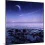 Moon Rising over Rocky Seaside Against Starry Sky-null-Mounted Photographic Print