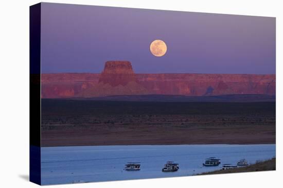 Moon Rising over Tower Butte. Arizona, Lake Powell and Houseboats-David Wall-Stretched Canvas