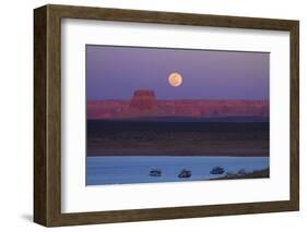 Moon Rising over Tower Butte. Arizona, Lake Powell and Houseboats-David Wall-Framed Photographic Print