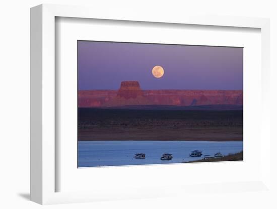 Moon Rising over Tower Butte. Arizona, Lake Powell and Houseboats-David Wall-Framed Photographic Print