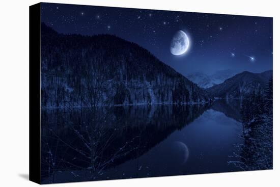 Moon Rising over Tranquil Lake in the Misty Mountains Against Starry Sky-null-Stretched Canvas