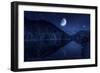 Moon Rising over Tranquil Lake in the Misty Mountains Against Starry Sky-null-Framed Photographic Print