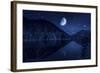 Moon Rising over Tranquil Lake in the Misty Mountains Against Starry Sky-null-Framed Photographic Print