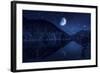 Moon Rising over Tranquil Lake in the Misty Mountains Against Starry Sky-null-Framed Photographic Print