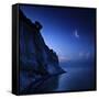 Moon Rising over Tranquil Sea and Mons Klint Cliffs, Denmark-null-Framed Stretched Canvas