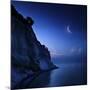 Moon Rising over Tranquil Sea and Mons Klint Cliffs, Denmark-null-Mounted Photographic Print