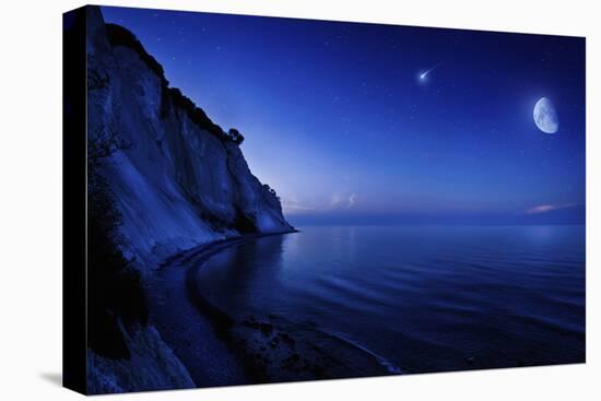 Moon Rising over Tranquil Sea and Mons Klint Cliffs, Denmark-null-Stretched Canvas