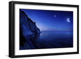 Moon Rising over Tranquil Sea and Mons Klint Cliffs, Denmark-null-Framed Photographic Print