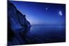 Moon Rising over Tranquil Sea and Mons Klint Cliffs, Denmark-null-Mounted Photographic Print