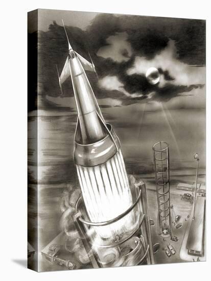 Moon Rocket Launch, 1950s Artwork-Detlev Van Ravenswaay-Stretched Canvas