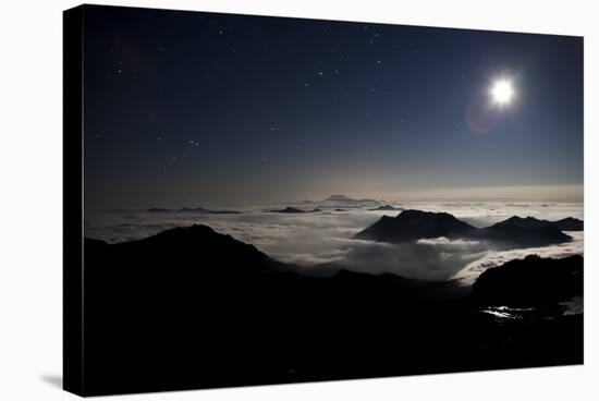 Moon Sand Stars Shine Above Low Lying Clouds on Mount Rainier National Park-Dan Holz-Stretched Canvas