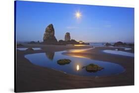 Moon Set over Neadles, Canon Beach, Oregon Coast, Pacific Northwest-Craig Tuttle-Stretched Canvas