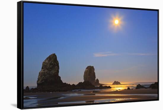 Moon Set over Neadles, Canon Beach, Oregon Coast, Pacific Northwest-Craig Tuttle-Framed Stretched Canvas