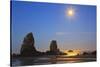 Moon Set over Neadles, Canon Beach, Oregon Coast, Pacific Northwest-Craig Tuttle-Stretched Canvas