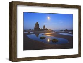 Moon Set over Neadles, Canon Beach, Oregon Coast, Pacific Northwest-Craig Tuttle-Framed Photographic Print