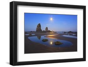 Moon Set over Neadles, Canon Beach, Oregon Coast, Pacific Northwest-Craig Tuttle-Framed Photographic Print