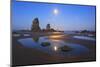 Moon Set over Neadles, Canon Beach, Oregon Coast, Pacific Northwest-Craig Tuttle-Mounted Photographic Print