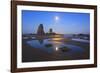 Moon Set over Neadles, Canon Beach, Oregon Coast, Pacific Northwest-Craig Tuttle-Framed Photographic Print