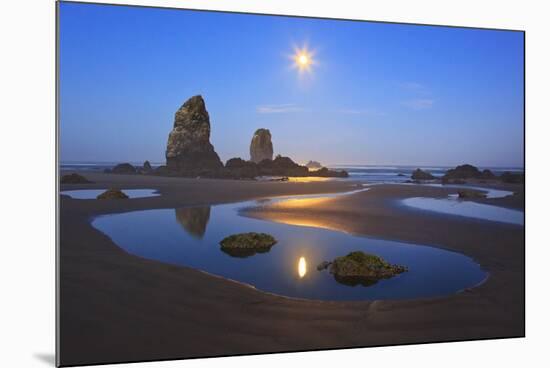 Moon Set over Neadles, Canon Beach, Oregon Coast, Pacific Northwest-Craig Tuttle-Mounted Photographic Print