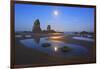 Moon Set over Neadles, Canon Beach, Oregon Coast, Pacific Northwest-Craig Tuttle-Framed Photographic Print