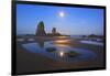 Moon Set over Neadles, Canon Beach, Oregon Coast, Pacific Northwest-Craig Tuttle-Framed Photographic Print